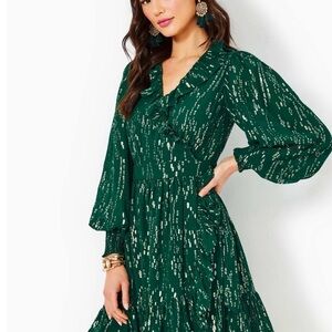 NWT - Lily Birdy Long Sleeve Silk Dress - Evergreen - Size 16